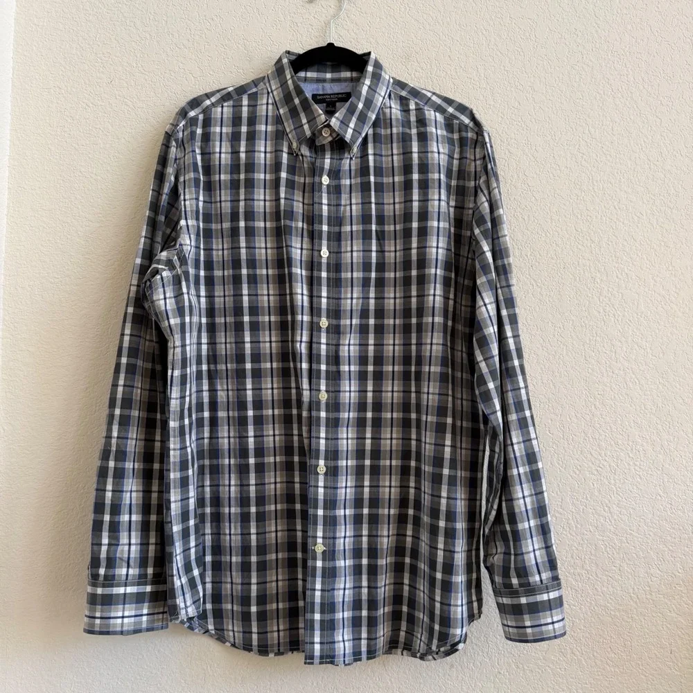 Banana Republic Soft Wash Mens Large Blue Grey‎ Plaid Button Down Shirt L Cotton